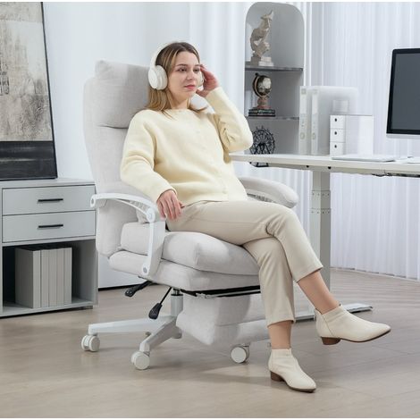 Sedia da ufficio 68x70x114-122 cm bianco crema in poliestere con reclinazione 160°, poggiapiedi e altezza regolabile (1/5)