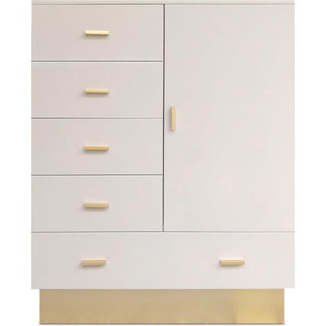 Buffet haut moderne 5 tiroirs 1 porte – Dimensions L90 x P40 x H112 cm – Bois taupe clair avec poignées dorées – Meuble contemporain (1/5)