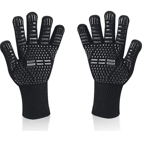 Guantes de barbacoa universales para horno, resistentes al calor hasta 800 °C, antideslizantes, de silicona ignífuga con protección para el antebrazo, para barbacoa, horno y chimenea (negros)
