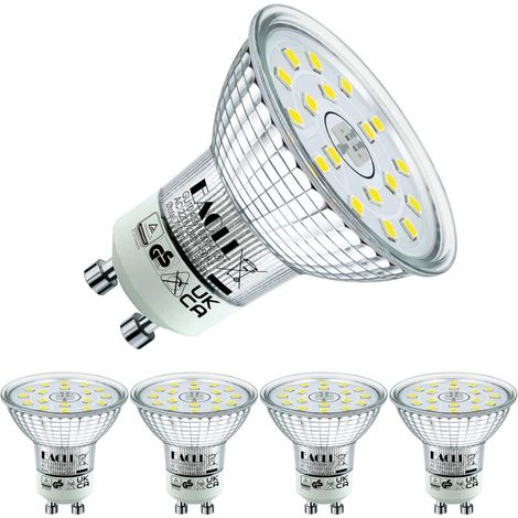 Ampoules LED GU10 Blanc Froid, 4.9W Équivalent Halogène 75W, Lot de 4, 6000K 585 Lumens Éclairag sans Scintillement, Large Faisceau 120° Spot, Non Dimmable AC 230V Lampe à Réflecteur [Classe énergétiq