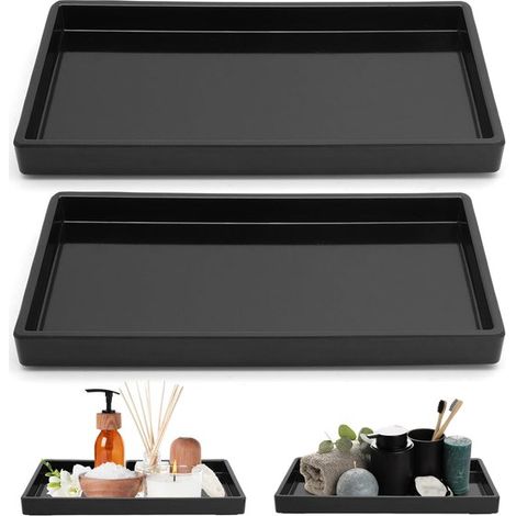 Dos bandejas de resina para baño - Bandejas decorativas negras de 22x12x2 cm - Pequeñas bandejas rectangulares adecuadas para la decoración del baño, la cocina y el tocador. (1/5)