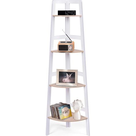 GOPLUS Etagere d’Angle en MDF Etagere de Rangement 3/4 Tablettes pour Salon,Bureau,Chambre-Nature-32x32x103cm/32x32x138cm (4 Etageres) (1/5)