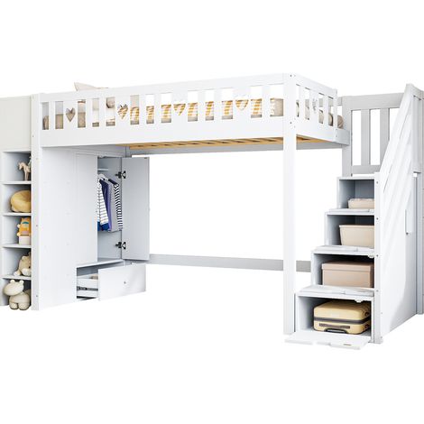 Lit Élevé 90x200cm - En Bois avec Échelle à Rangements & Étagères - Pour Enfant, Chambre - Blanc (1/5)