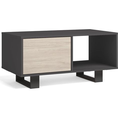 Skraut Home - Mesa de centro con puertas, salón comedor, Modelo WIND, color estructura Gris Antracita, color puertas Roble, medidas 92x50x45cm de altura. (1/3)