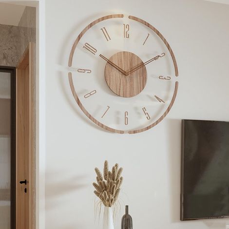 Horloge murale vintage en bois, horloge murale en acrylique transparent, fonctionne à piles, horloge décorative silencieuse, idéale pour le salon ou la chambre, 35 cm
