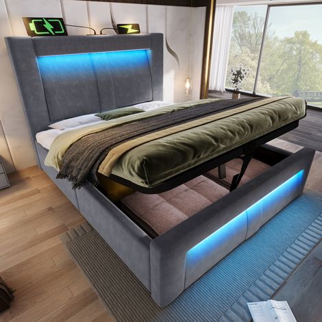 Lit coffre 90x200 cm avec LED et ports USB et Type-C, en velours gris, sans matelas (1/5)