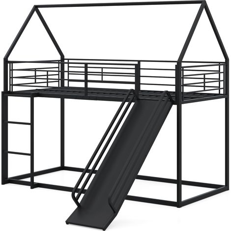 Lit Superposé Maison avec Toboggan, Cadre Bas avec Barrière de Sécurité et Échelle, Lit Mezzanine Robuste avec Lattes Métalliques, 200 x 90 cm, Noir (1/5)