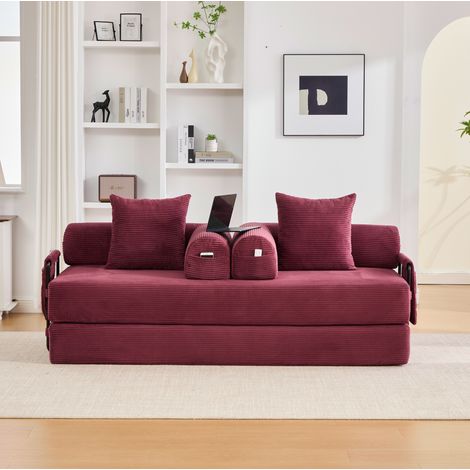 Divano modulare 200x94x67 cm in velluto a coste bordeaux, convertibile, 3 cuscini - CHICFURN (1/5)