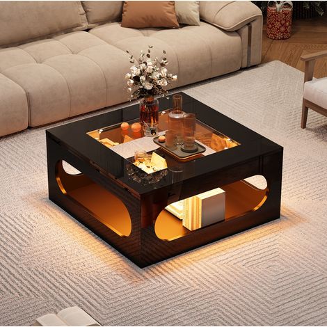 Mesa de centro cuadrada 70 x 70 x 35 cm con LED, tablero de vidrio templado, MDF negro DESVIAE (1/5)