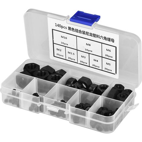140 Stück M2/M2,5/M3/M4/M5/M6/M8/M10 Gewinde Nylon Kunststoff Sechskantmuttern (Schwarz) (1/5)