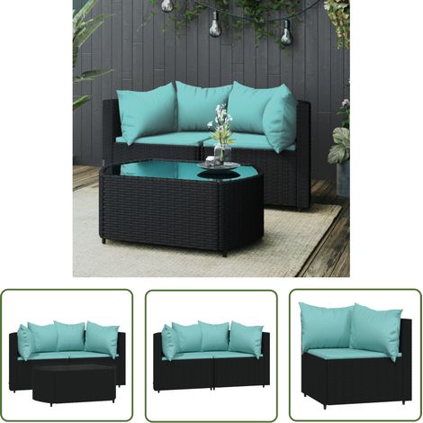 The Living Store Salon de jardin 3 pcs avec coussins Noir Résine tressée - Canapé De Jardin - Mobilier De Jardin - Salon De Jardin - Set De Jardin - Table Basse (1/5)