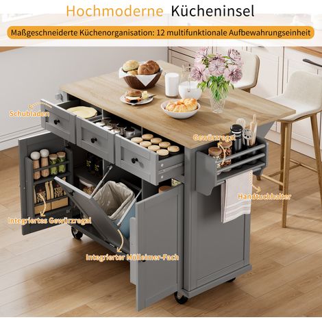 Île de cuisine roulante avec table extensible, meuble mobile avec compartiment poubelle et tiroirs, plan de travail escamotable pour cuisine et salle à manger (Gris) (1/5)