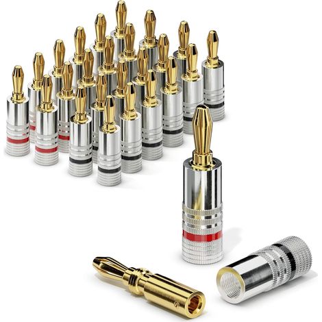 24 Fiches Bananes, Plaqué Or 24 Carats, Codage Couleur Rouge Noir, Pour Câbles Enceintes Hi-Fi (1/5)