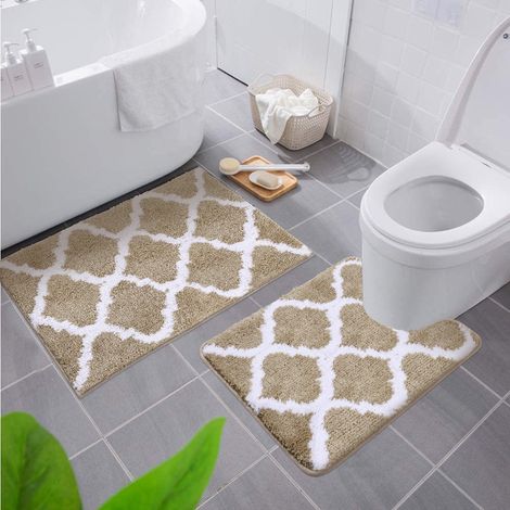 Tapis de bain et de WC en microfibre absorbante, lavable en machine et antidérapante (beige, 51 x 61 cm + 41 x 61 cm)