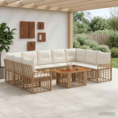 vidaXL Set Divano da Giardino 10 pz Naturale e Bianco Crema polyrattan (1/5)
