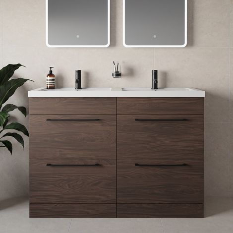 Napoli 390 Brown Oak 1200mm 4 Drawer Vanity Unit with Double Lucia Basins - 1200mm - Matt Black 320mm Handle