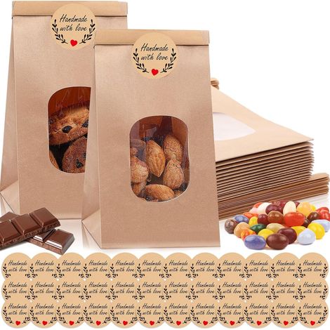 25 Pièces Sac Papier Kraft, 17x9x6CM Sacs en Papier avec Fenêtre, Marron Sachets D'Emballage Kraft avec Autocollants, Sachet Krafts Alimentaire pour Emballer Cadeaux Banquet, Biscuits, Bonbons (1/5)