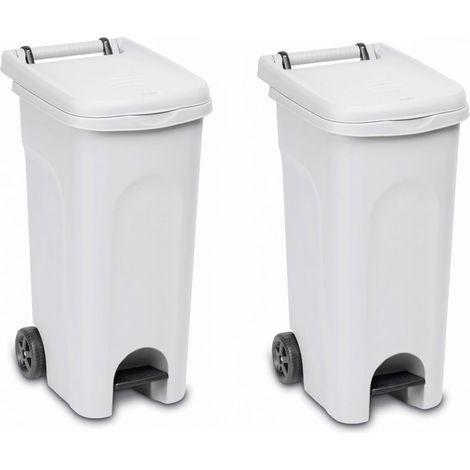 Set di 2 Bidoni Immondizia 80 Litri bianco con Ruote Pedale e coperchio Pattumiera Differenziata da Esterno e Interno Anello Ferma Sacco Contenitore Rifiuti per Giardino Cucina e Mense Made in Italy (1/5)