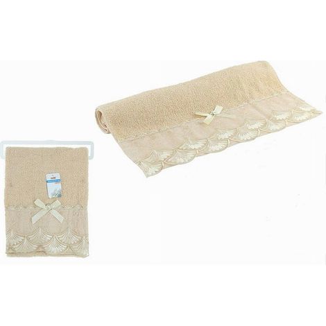 TRADE SHOP - Asciugamano Bagno Viso Cotone Morbido Decorato 48 X 93cm 180gr Beige Scuro 79509 - (1/2)