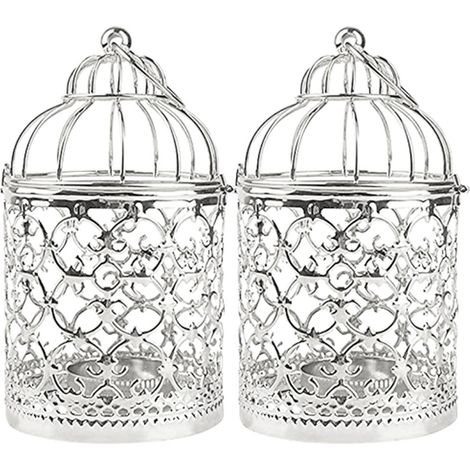 Portavelas decorativo con forma de jaula [2 piezas] fabricado en hierro galvanizado con elegantes diseños calados. (1/5)