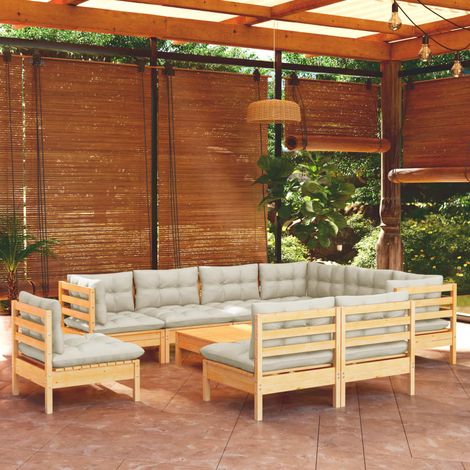 Salon de jardin 10 pcs,Mobilier de terrasse,Table et Chaise pour Relax avec coussins crème Bois de pin solide -YZ550183 (1/5)