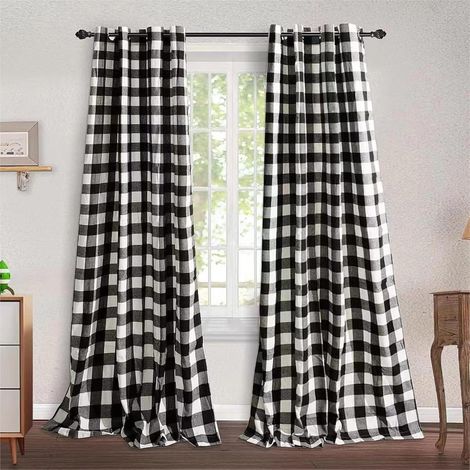 Rideaux à carreaux Buffalo (2 pièces, 132 x 213 cm) pour salon, chambre, maison de campagne, patio, style champêtre, rideaux à œillets, décoration intérieure, 132 x 213 cm (blanc et noir) (1/5)