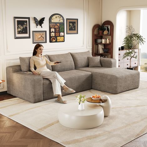 Canapé d'angle 241 cm motif nuage, canapé moderne et minimaliste, confortable, assise profonde avec angle, livré monté, couleur camel (1/4)