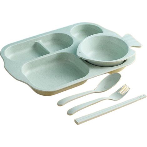 Juego de 5 piezas – Vajilla – Platos de plástico irrompibles con compartimentos – Apto para niños y adultos – Verde (1/5)