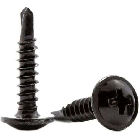Vis autoperceuses noires à tête plate de 4,2 mm x 19 mm Vis autotaraudeuses en acier pour tôles métalliques, toiture, fenêtres (lot de 50) (1/4)