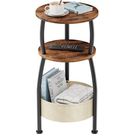 Table d'appoint ronde à 3 niveaux, petite table basse, petite table de chevet, avec sac en tissu, table de salon, panier en tissu, table de canapé pour chambre, 30 x 61 cm, métal, moderne (1/5)