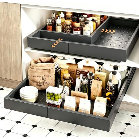 Set of 2 4 Way Telescopic Drawers, Grey Sliding Drawers, Adjustable Width 30-48 cm & Depth 36-55.5 cm, Metal Frame, Stable Load, Adhesive/Screw Mounting (1/5)