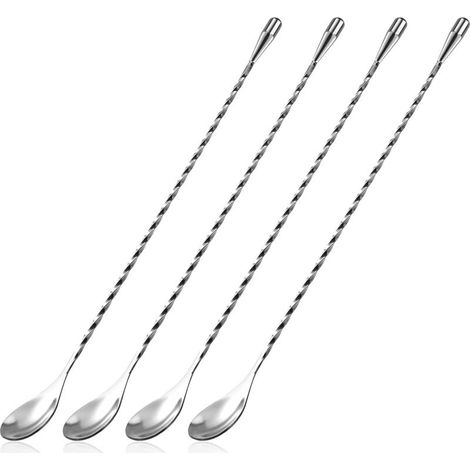 Cuillère à Cocktail en Acier Inoxydable Cuillère de Bar à Long Manche Cuillères à Mélanger Motif en Spirale Agitateurs à Cocktail Professionns 30cm 4 Pièces (Argent)