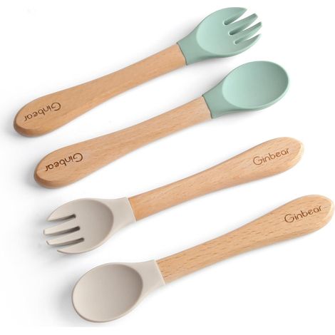 Baby Löffel und Gabel Set, Silikon, Selbstfütterung, ab 6 Monaten, Hellgrün/Mandel (1/5)