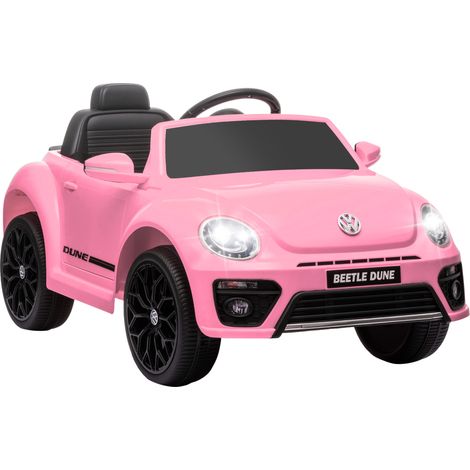 Voiture Coccinelle rose pour enfant avec batterie 12V, télécommande, phares, klaxon et musique, dès 3 ans, design rétro et tendance pour extérieur pratique