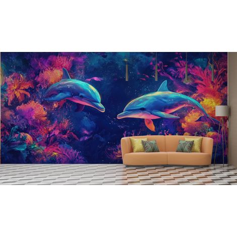 Papier peint animaux - dauphins néon fluo - 150 x 250 cm (1/2)