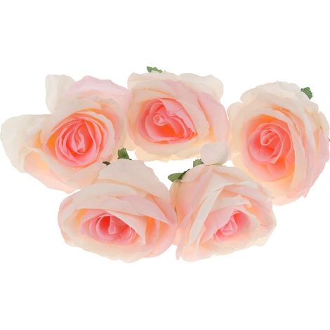 Roses artificielles à tête ronde pour composition florale, lot de 5 - Crème et rose