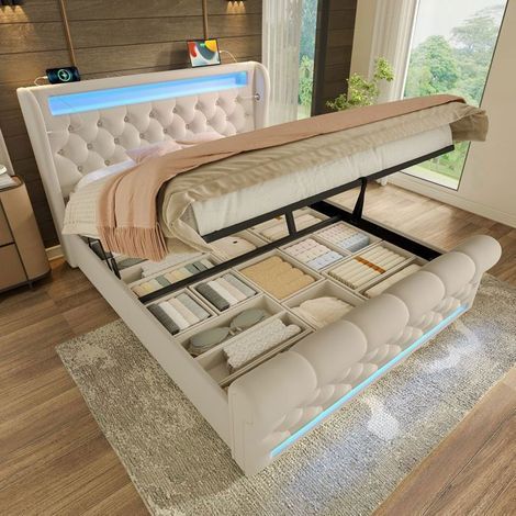 Lit coffre capitonné - SOGEU - 160x200 - Velours beige - LED intégrée - Ports USB/Type-C (1/5)