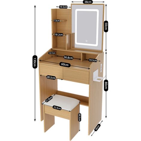 Coiffeuse de chambre 60 x 36 x 130 cm – Miroir et tabouret LED tricolores, 2 tiroirs, rangement ouvert, racks pour sèche‑cheveux, prises intégrées – Station beauté moderne et connectée (1/5)