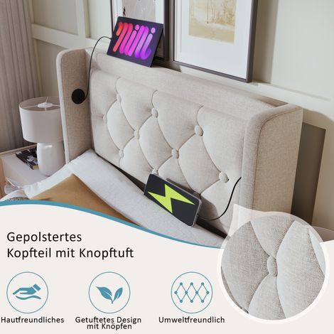 Lit à une place 90x200 cm beige, housse en coton, sommier coffre hydraulique, tête de lit rembourrée avec port USB-C, éclairage LED sur 3 côtés (sans matelas) (1/5)