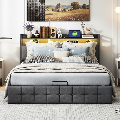 Letto matrimoniale 140x190, letto contenitore idraulico, LED e porte USB, letto imbottito, stile moderno, lino, Grigio