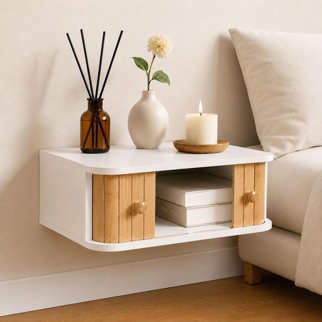 Hanging Bedside Table Bamboo White Wall Mounted Wooden (1/5)