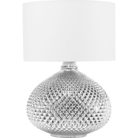 Beliani – Lampe à poser moderne argentée et blanche – Abat-jour rond en polycoton – Base en verre – E14 Max 40W – Éclairage salon chic