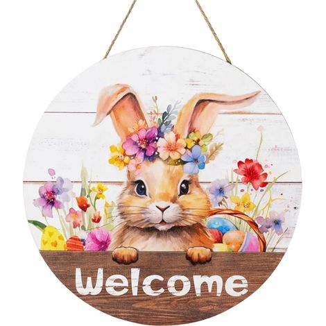 Guirlande De Porte De Pâques - Lapin En Bois - Décor Extérieur Pour Porche Ou Porte D'Entrée - 1 Pièce (1/5)