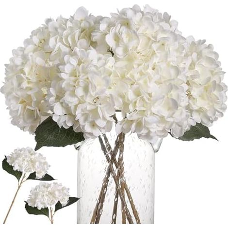 Kisflower 6Pcs Seiden Hortensie Künstliche Blumen Realistische Hortensie Blumen Bouquet für Hochzeiten Party Büro Home Decor (Weiß) (1/5)
