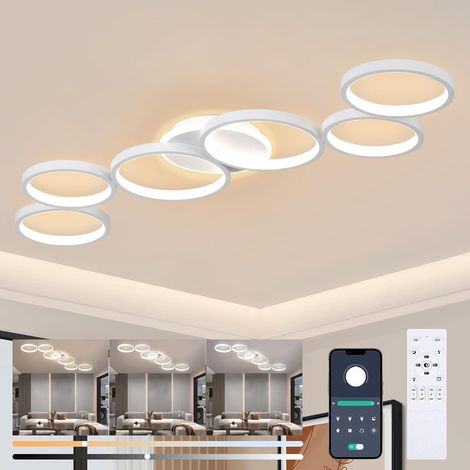 LED Plafonnier Dimmable de Salon Blanc Lampe de Salon, 113cm 69W Lampe de Chambre à Coucher Telecommande et APP, Moderne 6 Anneaux Ronde Luminaire Plafonnier avec Fonction Mémoire (1/5)