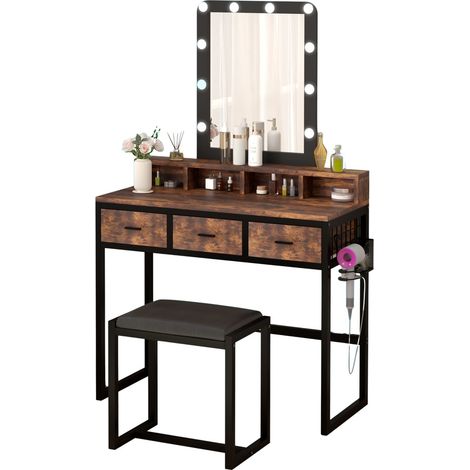 FURNITURE HMD Dressing Table with Mirror and Stool Vanity Desk 3 Drawers Makeup Desk with Led Light Industrial Style Vanity Set for Bedroom Dressing Room,Black Metal Frame (1/5)