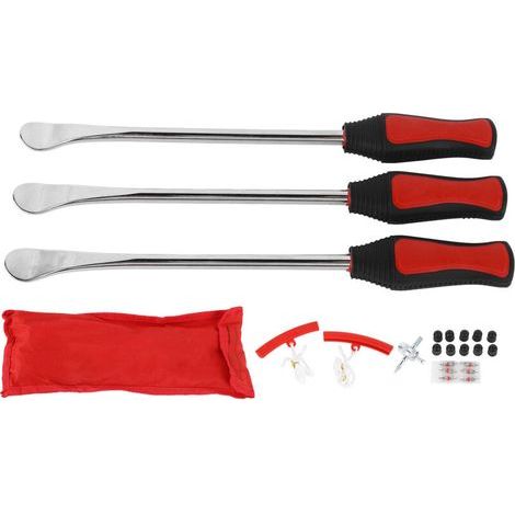 Kit de démontage de pneus de voiture, levier plat, outil de réparation de pneus pour le gonflage de pneus de moto, kit de 6 pièces, 3 leviers rouges, 3 protections de jante en acier rouge (1/5)