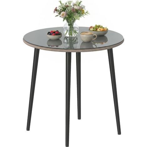 Mesa de Comedor de Jardín con Tablero de Vidrio Templado con Borde de Ratán Estructura de Acero 80x80x74 cm Gris