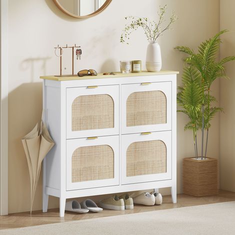 Scarpiera stretta con 4 ante in rattan, ripiani regolabili per 20 paia di scarpe, 105x24x95,5 cm, bianca.