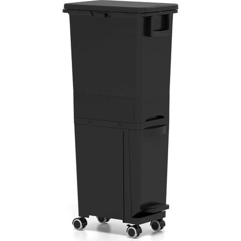 Poubelle de tri noire 3 en 1 en PP avec 2 compartiments, bac basculant à pédale et tiroir central, roues pour cuisine et salon (1/3)